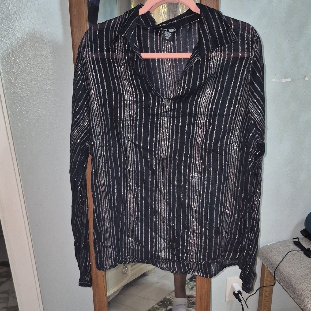 Double Zero Black and Red, Blue & Silver Metallic Striped Blouse.